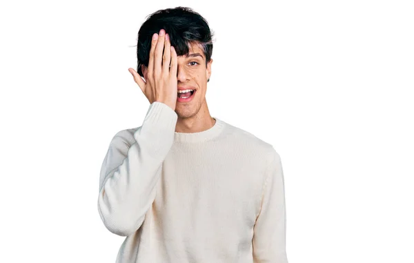 Handsome Hipster Young Man Wearing Casual Winter Sweater Covering One — Stock Photo, Image