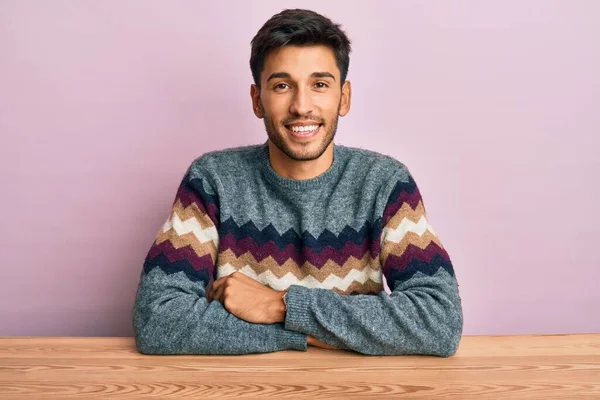 Young Handsome Man Wearing Casual Winter Sweater Sitting Table Happy — 스톡 사진