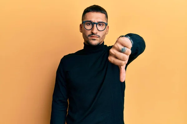 Handsome Man Tattoos Wearing Turtleneck Sweater Glasses Looking Unhappy Angry — Stock Photo, Image