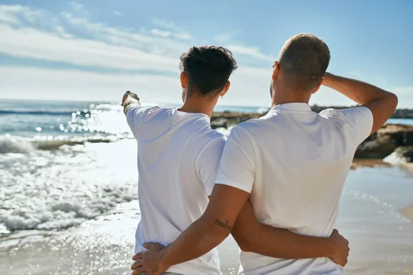 Mladý Gayové Pár Zadní Pohled Výhledem Obzor Pláži — Stock fotografie