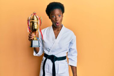 Karate kimonosu giyen genç Afro-Amerikalı kız elinde bir kupa tutuyordu. Korkmuş ve ağzı açık kalmıştı. 