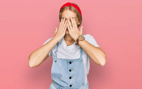 Young Caucasian Girl Wearing Casual Clothes Rubbing Eyes Fatigue Headache — Stock Photo, Image