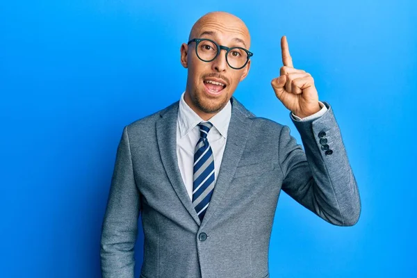 Bald Man Beard Wearing Business Jacket Glasses Pointing Finger Successful — Stock Photo, Image