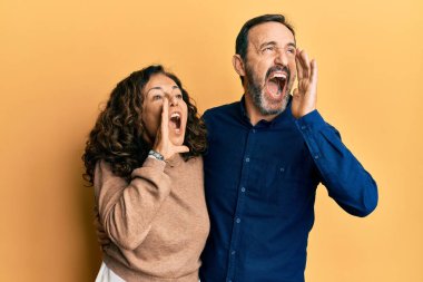 Orta yaşlı İspanyol çift gündelik giysiler giyip el ele verip bağırıyor ve çığlık atıyorlar. iletişim konsepti. 