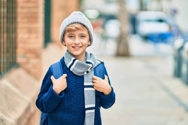 Adorable Blond Student Kid Smiling Happy Standing School — Stock Photo, Image