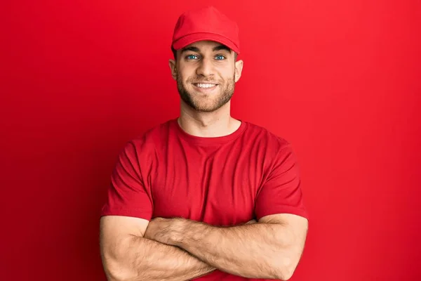 Young Caucasian Man Wearing Delivery Uniform Cap Happy Face Smiling —  Fotos de Stock