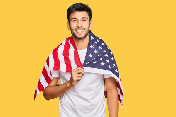Young Handsome Man Holding United States Flag Looking Positive Happy — Stockfoto