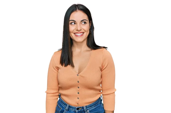 Young Hispanic Woman Wearing Casual Clothes Looking Away Side Smile — Stock Photo, Image