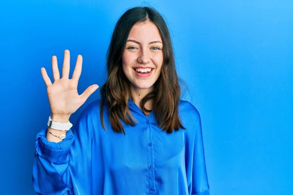 Young Brunette Woman Wearing Casual Blue Shirt Showing Pointing Fingers — 스톡 사진