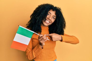 Afro saçlı, elinde İrlanda bayrağı olan, mutlu bir şekilde gülümseyen Afro-Amerikalı bir kadın. 