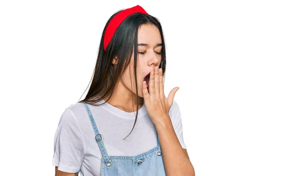 Young Hispanic Girl Wearing Casual Clothes Bored Yawning Tired Covering — Stock Photo, Image