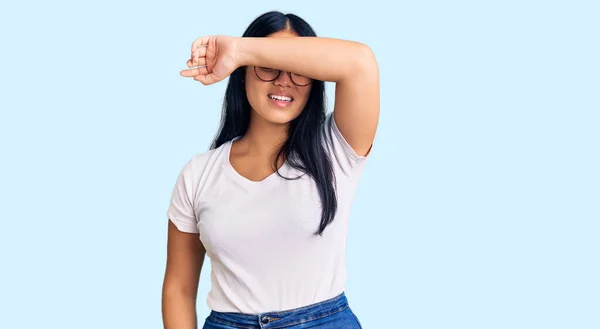 Young Beautiful Asian Girl Wearing Casual Clothes Glasses Covering Eyes — Stock Photo, Image