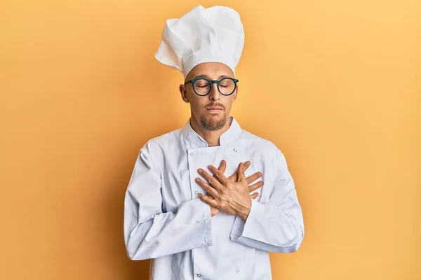 Bald Man Beard Wearing Professional Cook Uniform Smiling Hands Chest — Stock Photo, Image