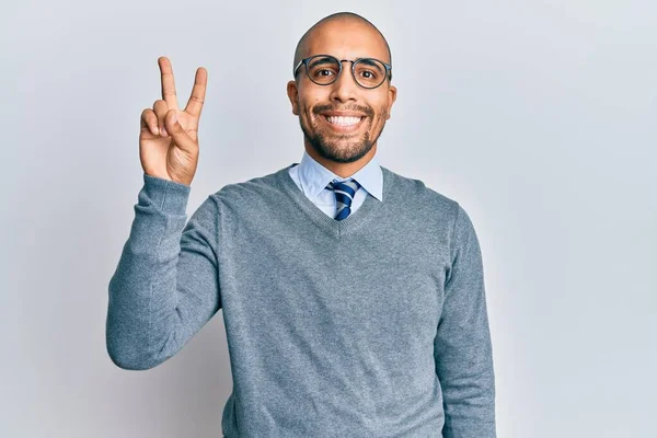 Hispanic Adult Man Wearing Glasses Business Style Showing Pointing Fingers — Stock Photo, Image