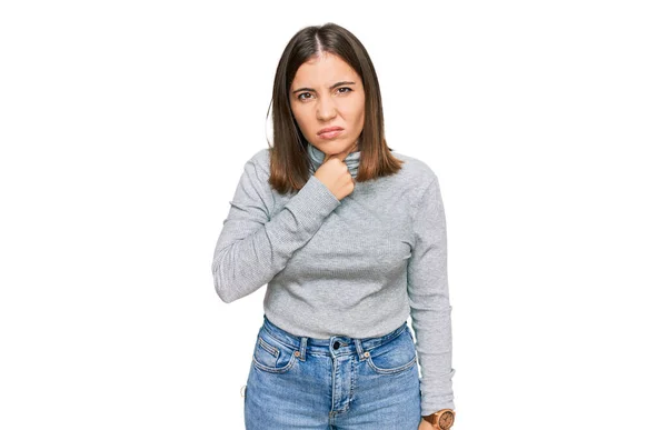 Young Beautiful Woman Wearing Casual Turtleneck Sweater Touching Painful Neck — Zdjęcie stockowe