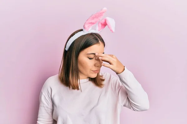 Young Beautiful Woman Wearing Cute Easter Bunny Ears Tired Rubbing — Foto de Stock