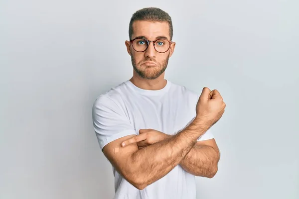 Young Caucasian Man Wearing Band Aid Vaccine Injection Depressed Worry — Stockfoto