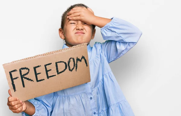 Little Beautiful Girl Holding Freedom Banner Stressed Frustrated Hand Head — Stock Photo, Image