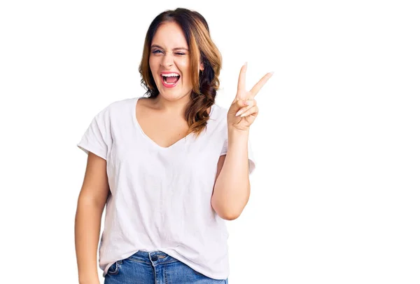 Young Beautiful Caucasian Woman Wearing Casual White Tshirt Smiling Happy — 스톡 사진