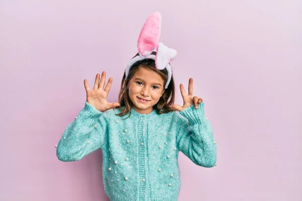 Little Beautiful Girl Wearing Cute Easter Bunny Ears Showing Pointing — Stock Photo, Image