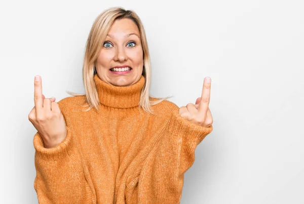 Middle Age Caucasian Woman Wearing Casual Winter Sweater Showing Middle —  Fotos de Stock