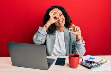 Güzel orta yaşlı bir kadın bilgisayar işlemcisi tutuyor gülümsüyor mutlu bir şekilde tamam işareti yapıyor parmaklarının arasından bakıyor. 