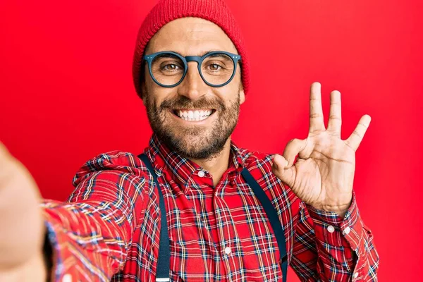 Handsome Hipster Man Beard Taking Selfie Photo Smartphone Doing Sign — Stock Photo, Image