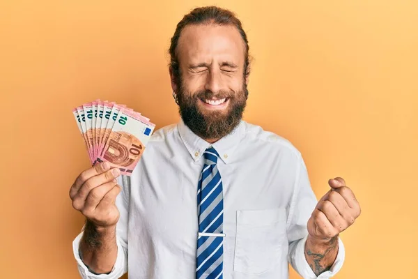 Handsome Business Man Beard Long Hair Holding Bunch Euro Banknotes — Stock Photo, Image
