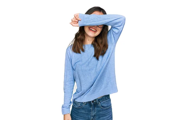 Young Beautiful Woman Wearing Casual Clothes Glasses Covering Eyes Arm — Stock Photo, Image