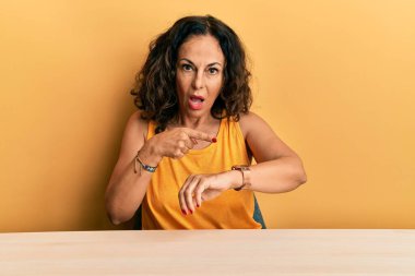 Masada oturan orta yaşlı ve güzel bir kadın saati izlemek için acele ediyor. Sabırsız, sinirli ve geç kaldığı için kızgın. 