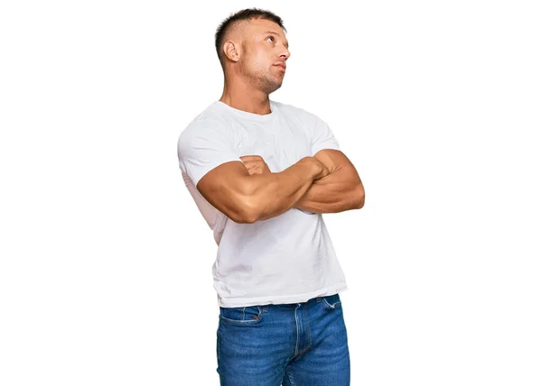 Handsome Muscle Man Wearing Casual White Tshirt Looking Side Arms — Stock Photo, Image