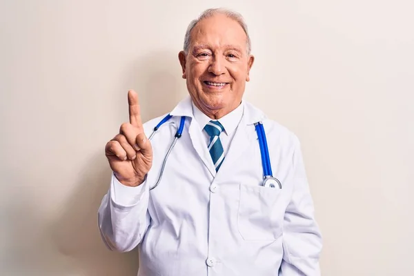 Senior Grey Haired Doctor Man Wearing Coat Stethoscope Standing White — Stock Photo, Image