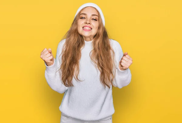 Young Caucasian Girl Wearing Wool Sweater Winter Cap Excited Success — Stock Photo, Image