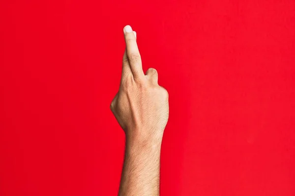 Arm Caucasian White Young Man Red Isolated Background Gesturing Fingers — Stock Photo, Image