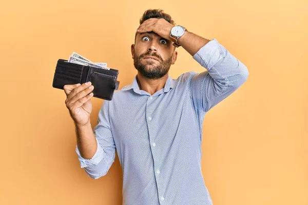 Handsome Man Beard Holding Wallet Dollars Stressed Frustrated Hand Head — Stock Photo, Image