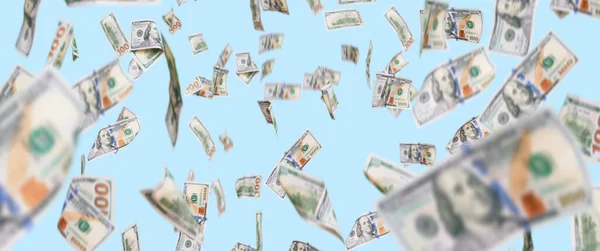 Денежный Дождь 100 Американских Долларов Банкноты Синем Изолированном Фоне — стоковое фото