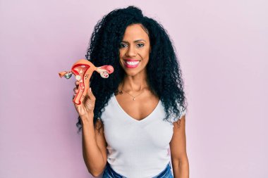 Orta yaşlı Afro-Amerikalı kadın elinde kadın üreme organının anatomik modelini tutuyor. Pozitif ve mutlu görünüyor. Kendine güvenen bir gülümsemeyle dişlerini gösteriyor. 