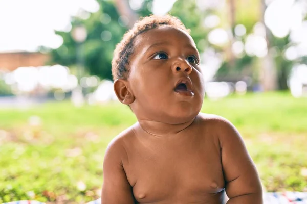 Adorable African American Chubby Toddler Sitting Grass Park — Stock Photo, Image