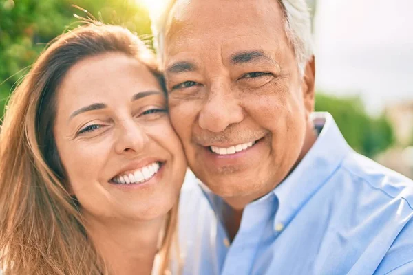 Middle Age Hispanic Couple Smiling Happy Hugging Promenade — Stock Photo, Image