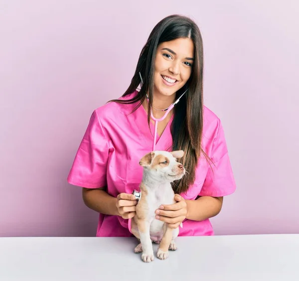 Jovem Veterinária Hispânica Menina Sorrindo Feliz Examinando Pouco Cão Clínica — Fotografia de Stock