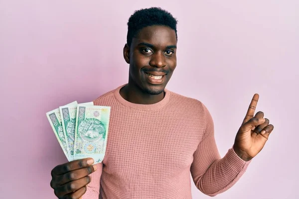 Όμορφος Μαύρος Άνδρας Που Κρατάει 100 Πολωνικά Ζλότυ Χαρτονομίσματα Χαμογελώντας — Φωτογραφία Αρχείου