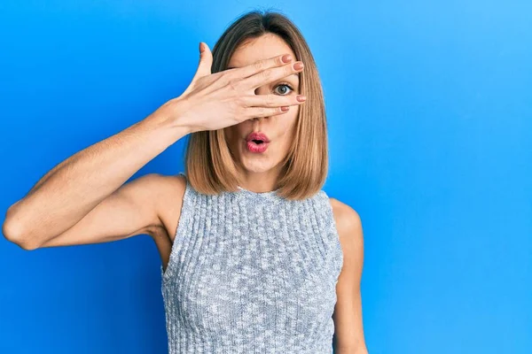 Young Caucasian Blonde Woman Wearing Casual Shirt Peeking Shock Covering — Stock Photo, Image