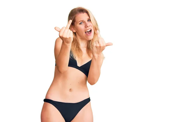 Young Beautiful Blonde Woman Wearing Bikini Showing Middle Finger Doing — Φωτογραφία Αρχείου