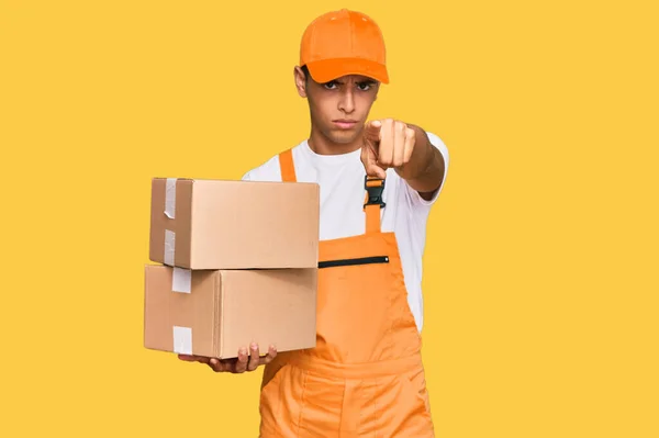 Young Handsome African American Man Holding Delivery Package Pointing Finger — Stock Photo, Image