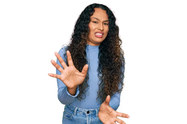 Young Hispanic Woman Curly Hair Wearing Casual Clothes Disgusted Expression — Stock Photo, Image