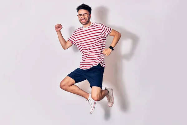 Young Handsome Man Wearing Casual Clothes Glasses Smiling Happy Jumping — Stock Photo, Image