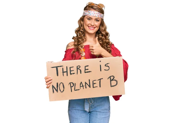 Young Blonde Girl Wearing Hippie Style Holding Planet Banner Smiling — Stock Photo, Image