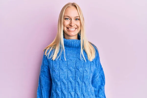 Young Blonde Girl Wearing Wool Winter Sweater Happy Cool Smile — Stock Photo, Image