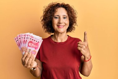 Güzel, orta yaşlı olgun bir kadın elinde 100 yuan Çin banknotuyla bir fikir veya soru işareti ile gülümsüyor. 