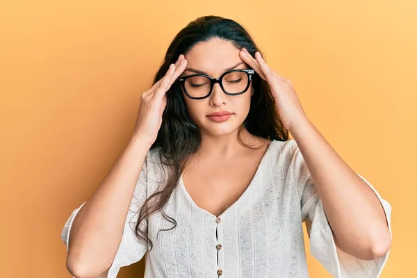 Beautiful Middle Eastern Woman Wearing Casual Clothes Glasses Hand Head — Stock Photo, Image